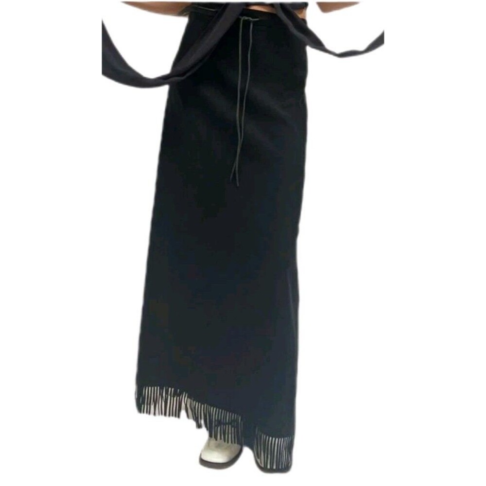 Casual Corner Vtg Black Wool cashmere Fringe drawstring blanket Maxi Skirt 12